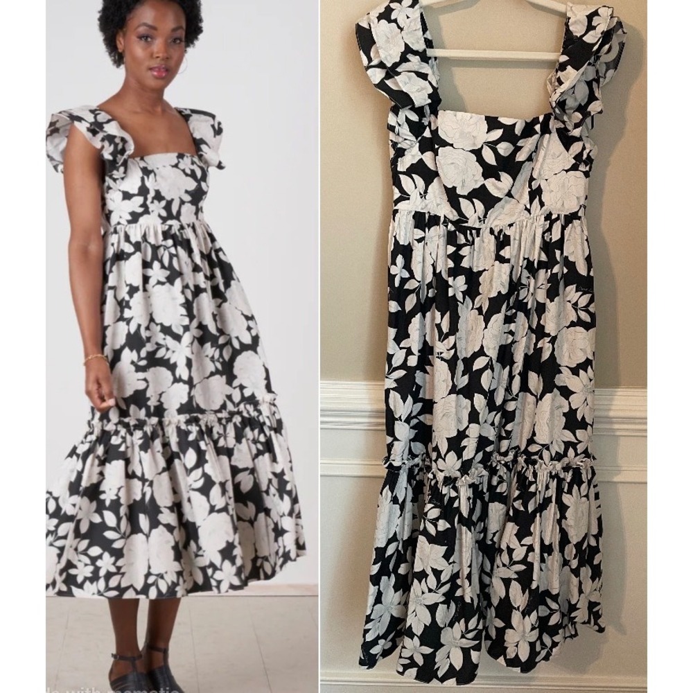 Cara Cara Darby Ruffle Tiered Midi Dress Black Floral Black Size L Smocked Back